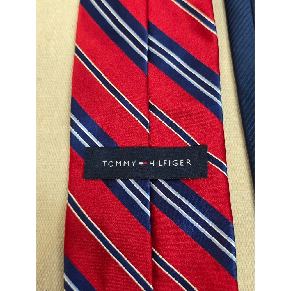 Tommy Hilfiger Mens Silk Tie Red Navy Blue White Striped Rep Necktie USA Made - Picture 7 of 7